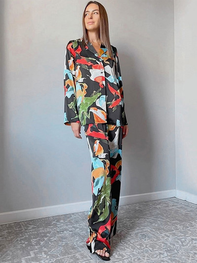 Casual Print kaheosalised komplektid naistele Elegantne pikkade varrukatega revääriga särk ja laiade säärtega pükste ülikond 2023. aasta moerõivad naistele reisimiseks