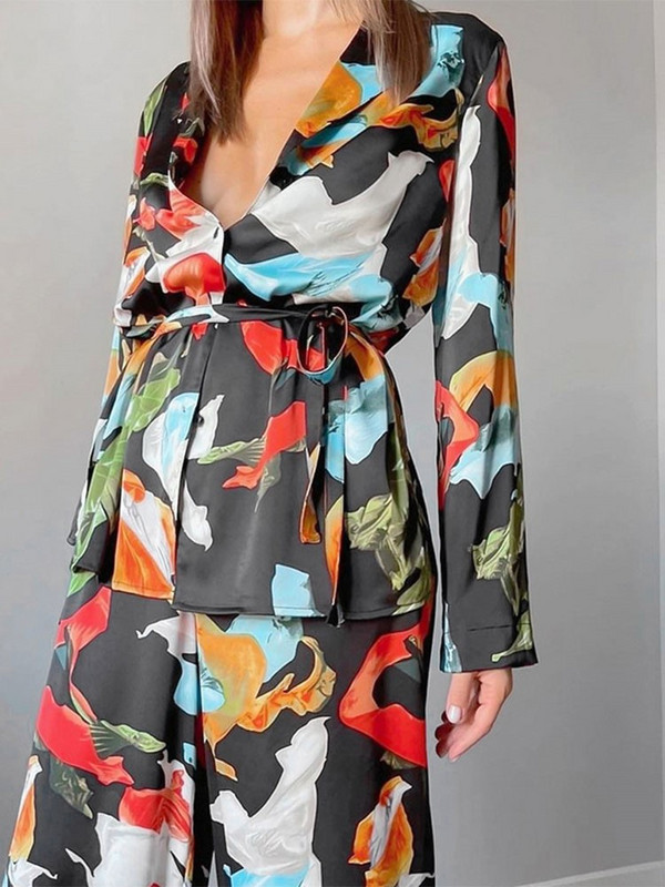 Casual Print kaheosalised komplektid naistele Elegantne pikkade varrukatega revääriga särk ja laiade säärtega pükste ülikond 2023. aasta moerõivad naistele reisimiseks