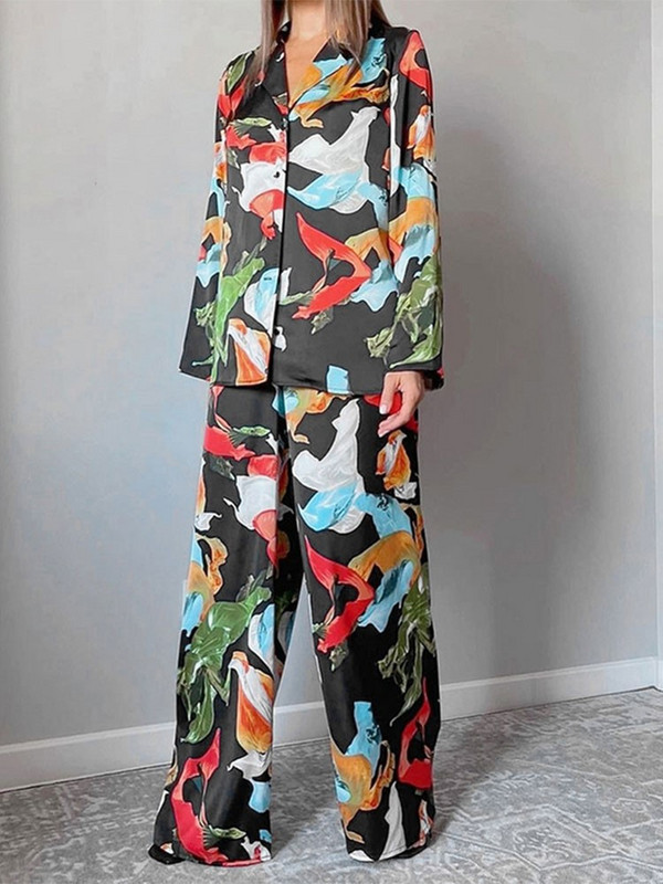 Casual Print kaheosalised komplektid naistele Elegantne pikkade varrukatega revääriga särk ja laiade säärtega pükste ülikond 2023. aasta moerõivad naistele reisimiseks