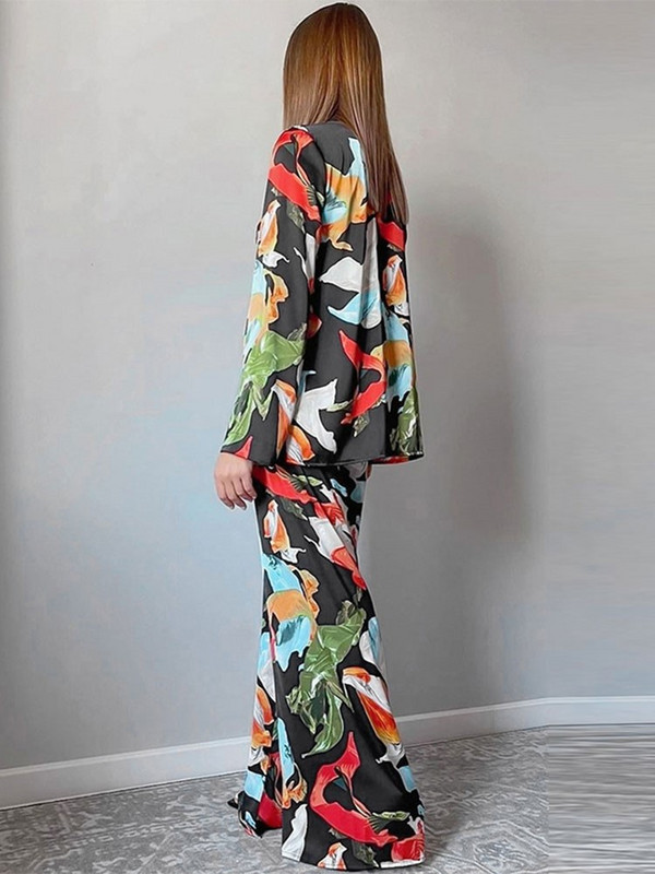 Casual Print kaheosalised komplektid naistele Elegantne pikkade varrukatega revääriga särk ja laiade säärtega pükste ülikond 2023. aasta moerõivad naistele reisimiseks