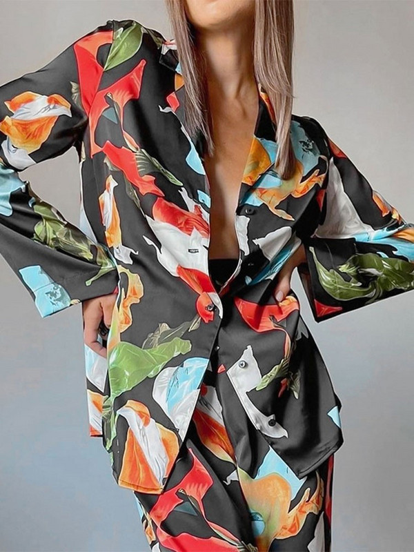 Casual Print kaheosalised komplektid naistele Elegantne pikkade varrukatega revääriga särk ja laiade säärtega pükste ülikond 2023. aasta moerõivad naistele reisimiseks