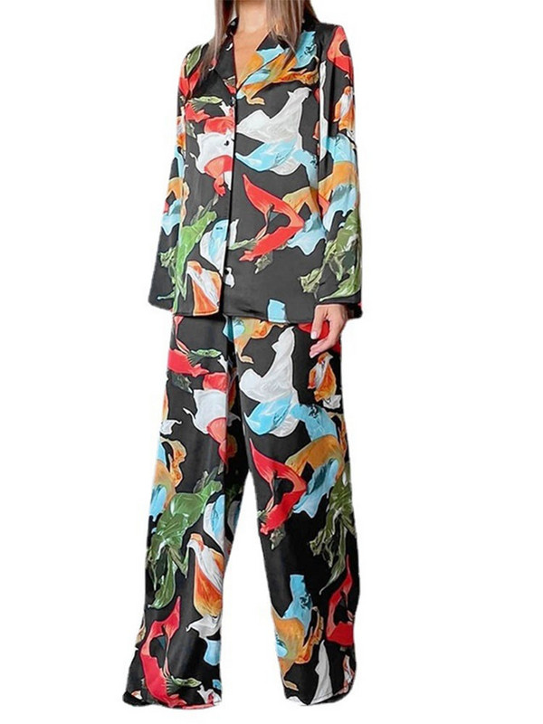 Casual Print kaheosalised komplektid naistele Elegantne pikkade varrukatega revääriga särk ja laiade säärtega pükste ülikond 2023. aasta moerõivad naistele reisimiseks