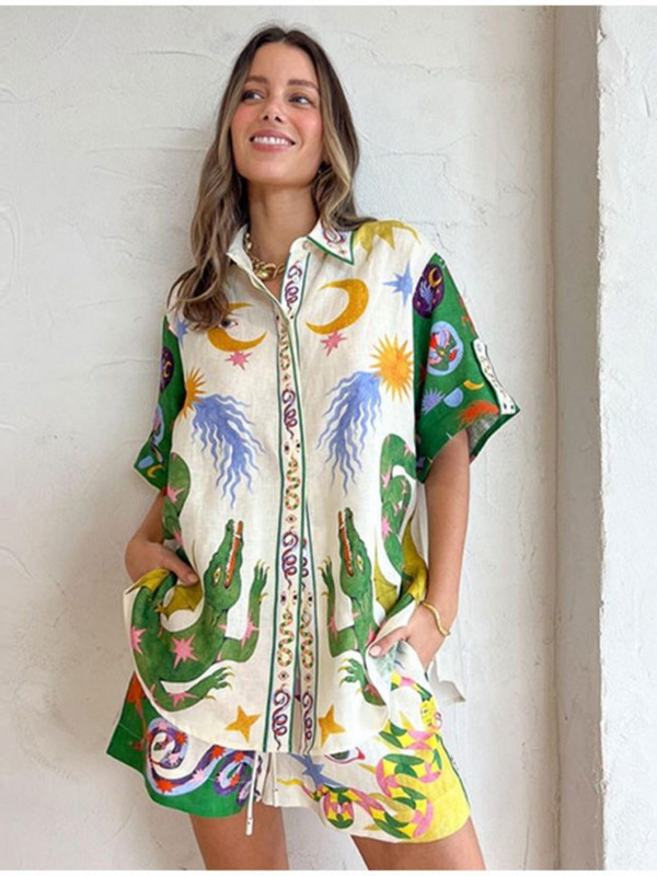 Ljetna ženska majica s otisnutim životinjama Kratko odijelo Odmor za plažu Ležerna široka ženska odijela Košulje kratkih rukava Komplet kratkih hlača s elastičnim strukom