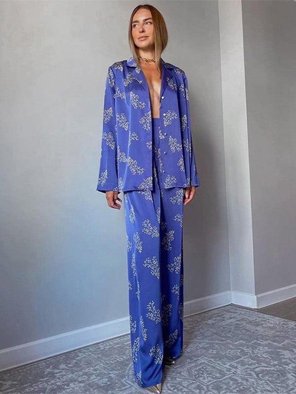 Elegantni dvodijelni kompleti s printom za žene, košulja s dugim rukavima na rever i odijelo s hlačama visokog struka, Ljeto 2023. Ženska ležerna odjeća za odmor