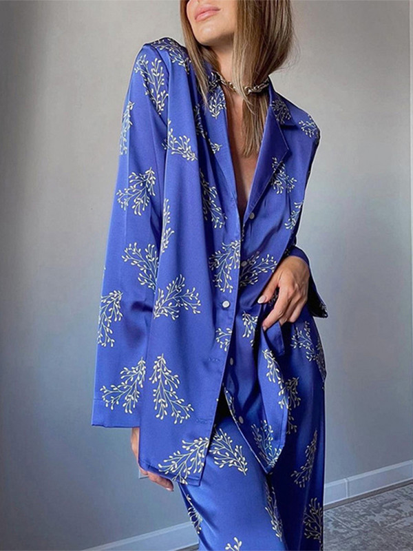 Elegantni dvodijelni kompleti s printom za žene, košulja s dugim rukavima na rever i odijelo s hlačama visokog struka, Ljeto 2023. Ženska ležerna odjeća za odmor