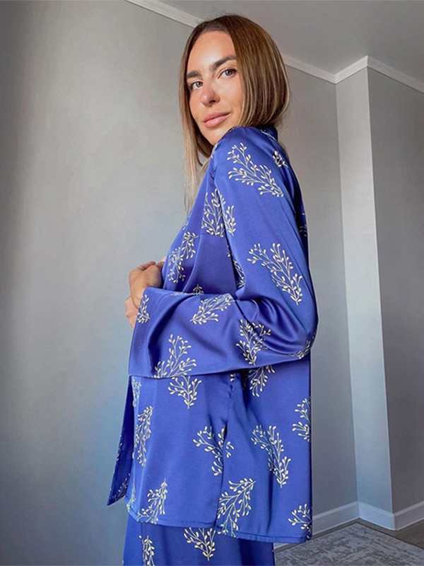 Elegantni dvodijelni kompleti s printom za žene, košulja s dugim rukavima na rever i odijelo s hlačama visokog struka, Ljeto 2023. Ženska ležerna odjeća za odmor