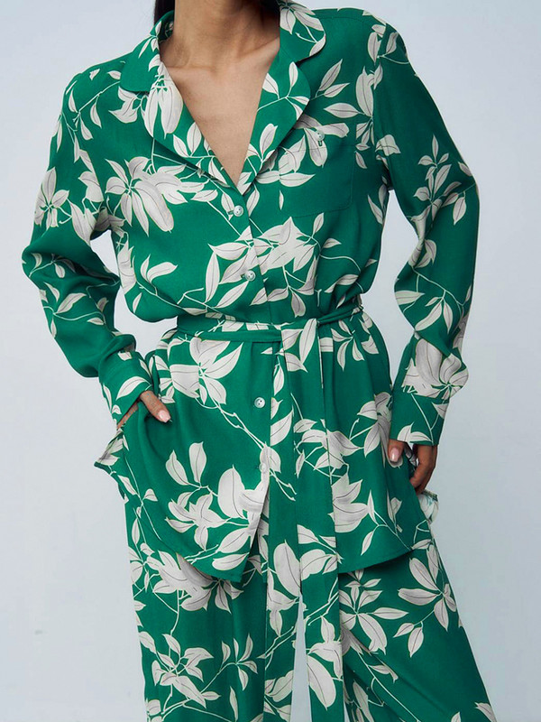Ženska šik pidžama s printom lišća, kompleti od 2 komada, košulja s jednim kopčanjem i odijela s hlačama visokog struka, modna ženska odjeća za 2023.