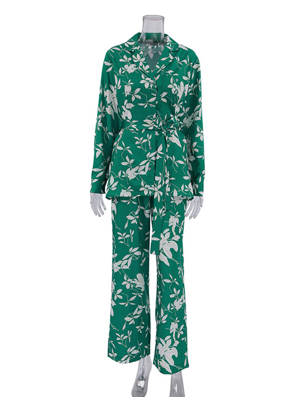 Ženska šik pidžama s printom lišća, kompleti od 2 komada, košulja s jednim kopčanjem i odijela s hlačama visokog struka, modna ženska odjeća za 2023.