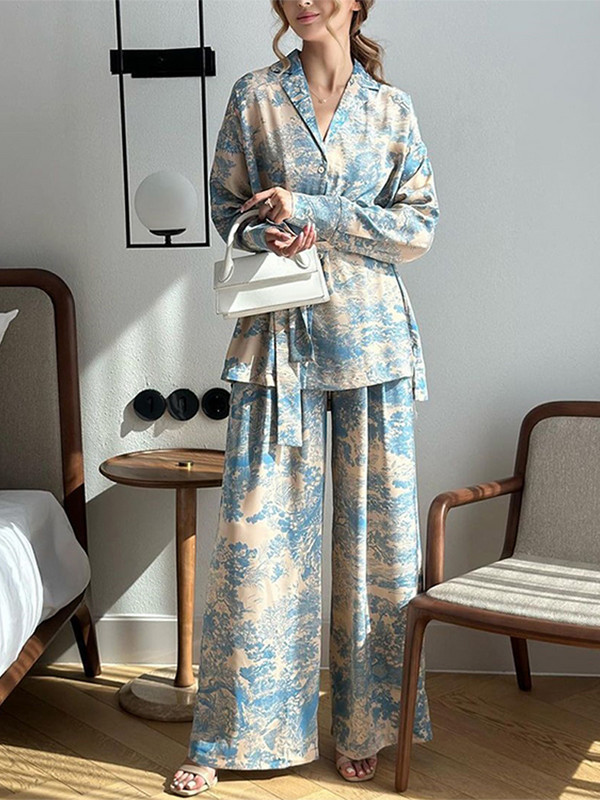 Naiste elegantne mustriga kaheosaline komplekt, revääriga pitsiline pikkade varrukatega särgi ja kõrge vöökohaga pükste komplektid 2023. aasta uued moodsad daami puhkuseülikonnad