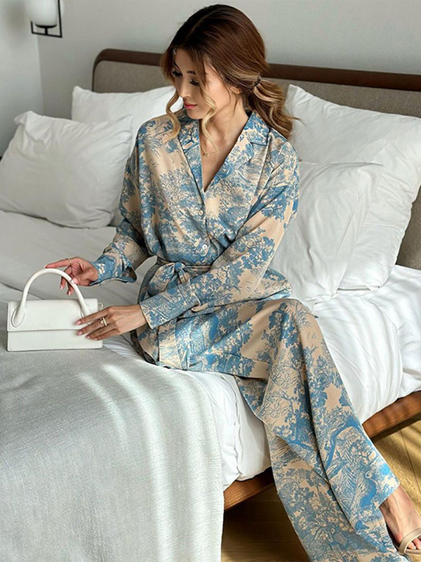 Naiste elegantne mustriga kaheosaline komplekt, revääriga pitsiline pikkade varrukatega särgi ja kõrge vöökohaga pükste komplektid 2023. aasta uued moodsad daami puhkuseülikonnad