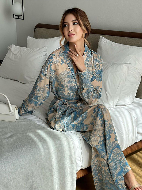 Naiste elegantne mustriga kaheosaline komplekt, revääriga pitsiline pikkade varrukatega särgi ja kõrge vöökohaga pükste komplektid 2023. aasta uued moodsad daami puhkuseülikonnad