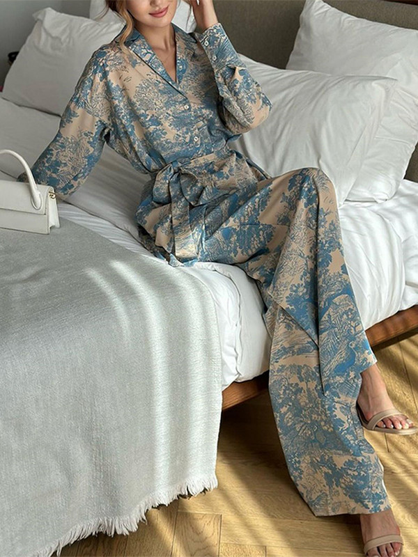 Naiste elegantne mustriga kaheosaline komplekt, revääriga pitsiline pikkade varrukatega särgi ja kõrge vöökohaga pükste komplektid 2023. aasta uued moodsad daami puhkuseülikonnad