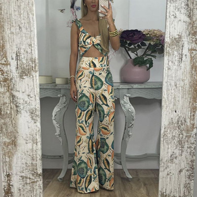 Skraćeni gornji dio hlača s printom Ženski korzet s tregerima i široke hlače s patentnim zatvaračem Kompleti od 2 komada za ljetne praznike Šarena odjeća