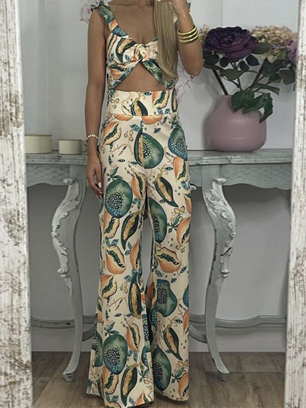 Skraćeni gornji dio hlača s printom Ženski korzet s tregerima i široke hlače s patentnim zatvaračem Kompleti od 2 komada za ljetne praznike Šarena odjeća