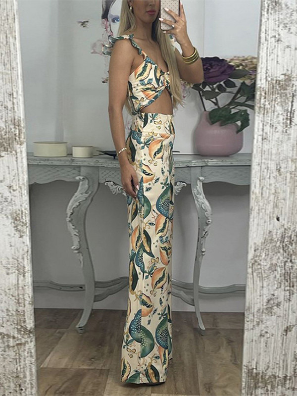 Skraćeni gornji dio hlača s printom Ženski korzet s tregerima i široke hlače s patentnim zatvaračem Kompleti od 2 komada za ljetne praznike Šarena odjeća