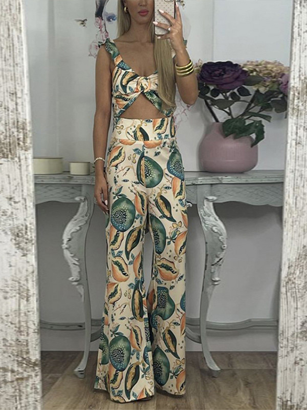 Skraćeni gornji dio hlača s printom Ženski korzet s tregerima i široke hlače s patentnim zatvaračem Kompleti od 2 komada za ljetne praznike Šarena odjeća