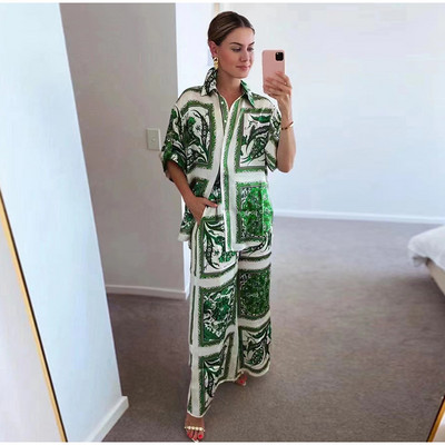 Πουκάμισο με στάμπα Παντελόνι Γυναικείο κοστούμι γιορτινή μόδα Μονό στήθος κοντά μανίκια φαρδιά πουκάμισα Φαρδιά παντελόνια σετ καλοκαιρινά ρούχα 2023
