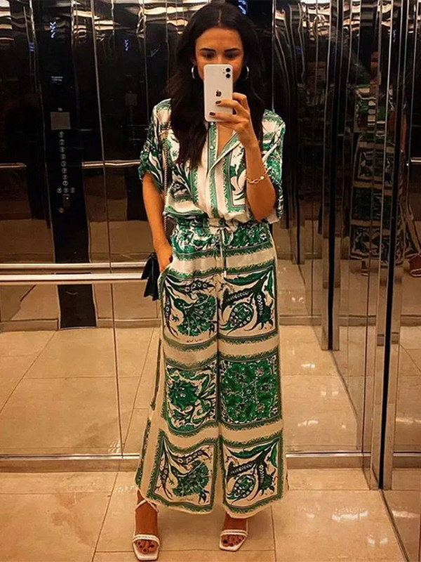 Πουκάμισο με στάμπα Παντελόνι Γυναικείο κοστούμι γιορτινή μόδα Μονό στήθος κοντά μανίκια φαρδιά πουκάμισα Φαρδιά παντελόνια σετ καλοκαιρινά ρούχα 2023