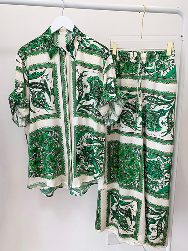 Πουκάμισο με στάμπα Παντελόνι Γυναικείο κοστούμι γιορτινή μόδα Μονό στήθος κοντά μανίκια φαρδιά πουκάμισα Φαρδιά παντελόνια σετ καλοκαιρινά ρούχα 2023