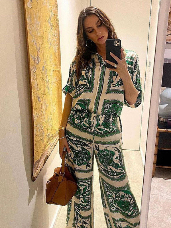 Πουκάμισο με στάμπα Παντελόνι Γυναικείο κοστούμι γιορτινή μόδα Μονό στήθος κοντά μανίκια φαρδιά πουκάμισα Φαρδιά παντελόνια σετ καλοκαιρινά ρούχα 2023