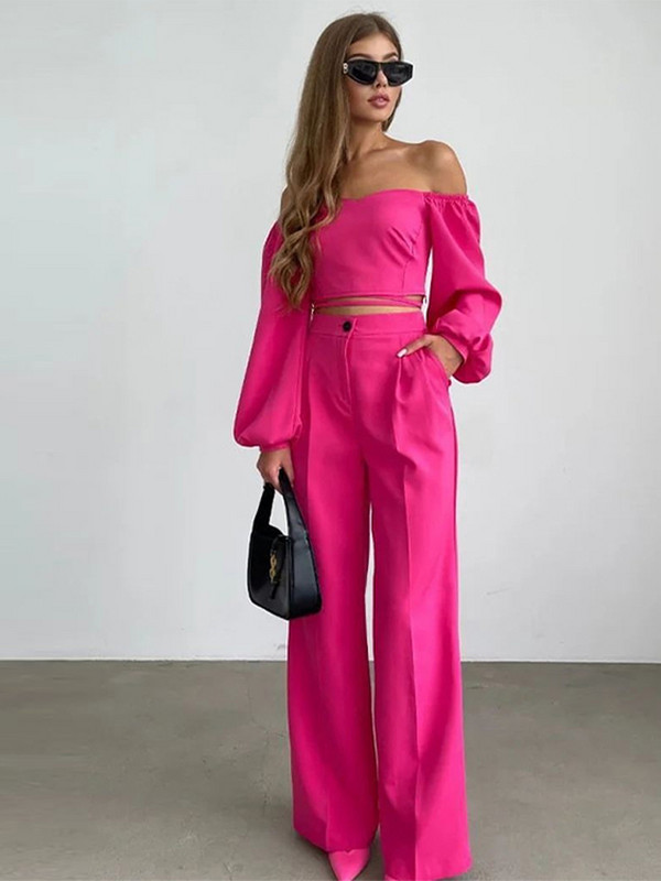 Seksi bluze Komplet hlača Ženski zavoj s otvorenim ramenima Ženska bluza odijelo 2023 Odijelo širokih hlača s patentnim zatvaračem