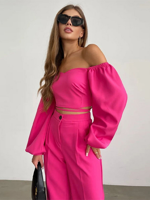 Seksi bluze Komplet hlača Ženski zavoj s otvorenim ramenima Ženska bluza odijelo 2023 Odijelo širokih hlača s patentnim zatvaračem
