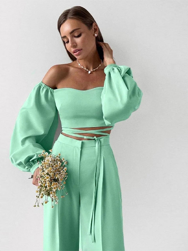 Seksi bluze Komplet hlača Ženski zavoj s otvorenim ramenima Ženska bluza odijelo 2023 Odijelo širokih hlača s patentnim zatvaračem