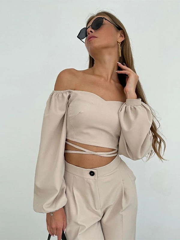 Seksi bluze Komplet hlača Ženski zavoj s otvorenim ramenima Ženska bluza odijelo 2023 Odijelo širokih hlača s patentnim zatvaračem