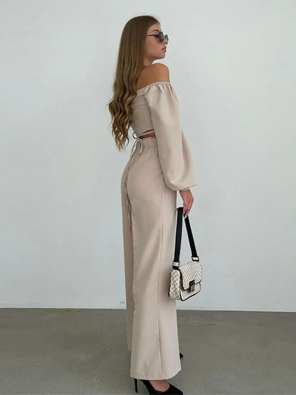 Seksi bluze Komplet hlača Ženski zavoj s otvorenim ramenima Ženska bluza odijelo 2023 Odijelo širokih hlača s patentnim zatvaračem