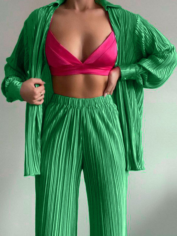 Roheline naiste särk, plisseeritud kaheosaline komplekt, avara kõrge vöökohaga laia säärega pükskostüüm 2023. aasta vabaaja elegantsed naisterõivad kontoris
