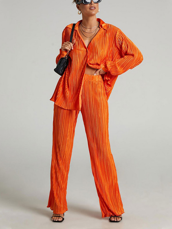 Roheline naiste särk, plisseeritud kaheosaline komplekt, avara kõrge vöökohaga laia säärega pükskostüüm 2023. aasta vabaaja elegantsed naisterõivad kontoris