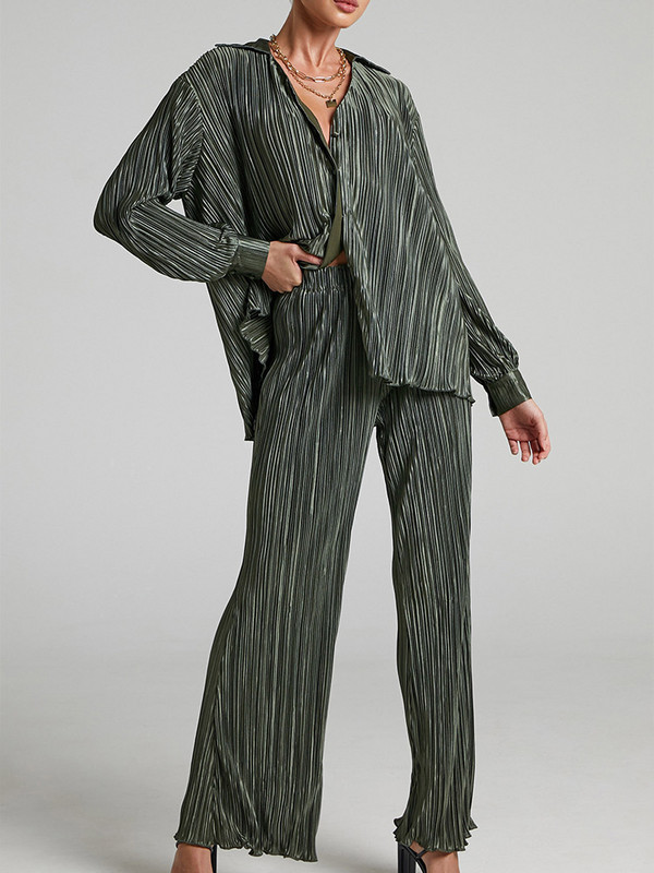 Roheline naiste särk, plisseeritud kaheosaline komplekt, avara kõrge vöökohaga laia säärega pükskostüüm 2023. aasta vabaaja elegantsed naisterõivad kontoris
