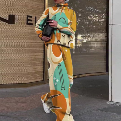 Moteriškas vintažinis kaklaraištis, megzti dviejų dalių komplektai, šilti moteriški žieminiai kostiumai, megztinis megztinis, plačios kelnės, moteriška apranga