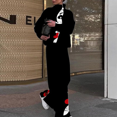 Moteriškas vintažinis kaklaraištis, megzti dviejų dalių komplektai, šilti moteriški žieminiai kostiumai, megztinis megztinis, plačios kelnės, moteriška apranga