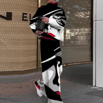 Moteriškas vintažinis kaklaraištis, megzti dviejų dalių komplektai, šilti moteriški žieminiai kostiumai, megztinis megztinis, plačios kelnės, moteriška apranga