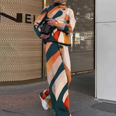 Moteriškas vintažinis kaklaraištis, megzti dviejų dalių komplektai, šilti moteriški žieminiai kostiumai, megztinis megztinis, plačios kelnės, moteriška apranga