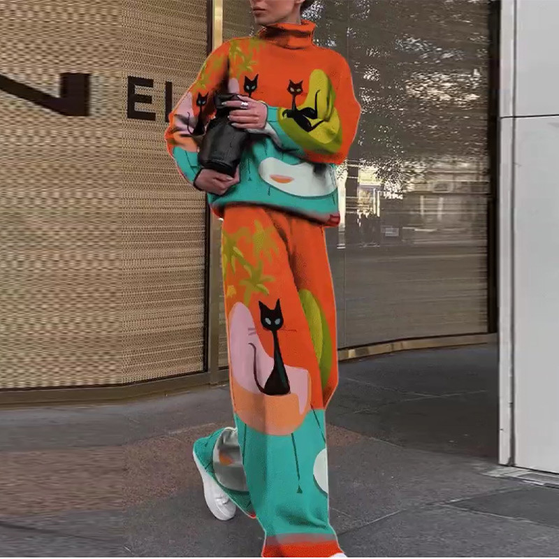 Moteriškas vintažinis kaklaraištis, megzti dviejų dalių komplektai, šilti moteriški žieminiai kostiumai, megztinis megztinis, plačios kelnės, moteriška apranga