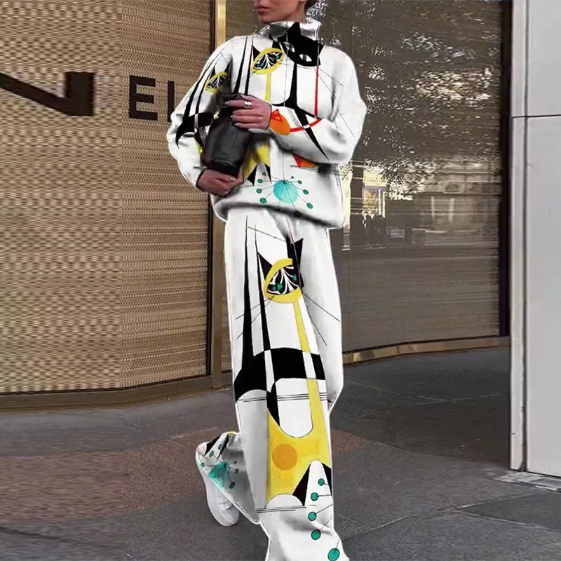 Moteriškas vintažinis kaklaraištis, megzti dviejų dalių komplektai, šilti moteriški žieminiai kostiumai, megztinis megztinis, plačios kelnės, moteriška apranga