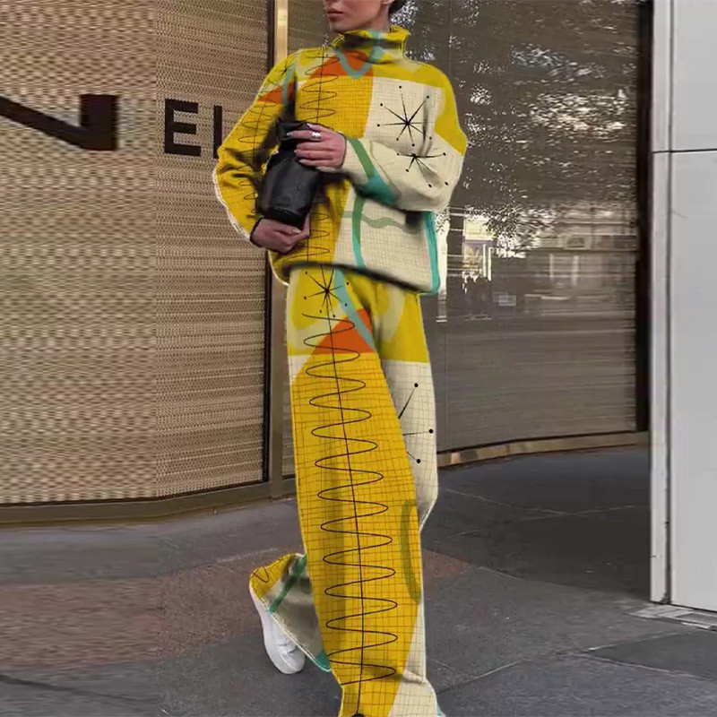 Moteriškas vintažinis kaklaraištis, megzti dviejų dalių komplektai, šilti moteriški žieminiai kostiumai, megztinis megztinis, plačios kelnės, moteriška apranga