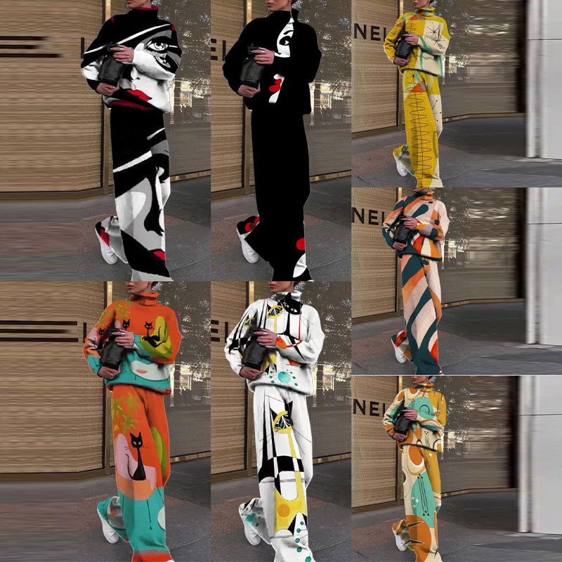 Moteriškas vintažinis kaklaraištis, megzti dviejų dalių komplektai, šilti moteriški žieminiai kostiumai, megztinis megztinis, plačios kelnės, moteriška apranga