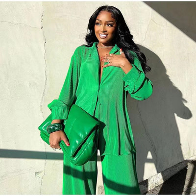 2023. aasta moodne naistekomplekt, pikkade varrukatega särgi topid ja laia säärega püksid Elegantne dressiülikond, kaheosaline dressipluus vabaaja varustus