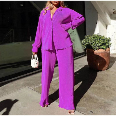 2023. aasta moodne naistekomplekt, pikkade varrukatega särgi topid ja laia säärega püksid Elegantne dressiülikond, kaheosaline dressipluus vabaaja varustus