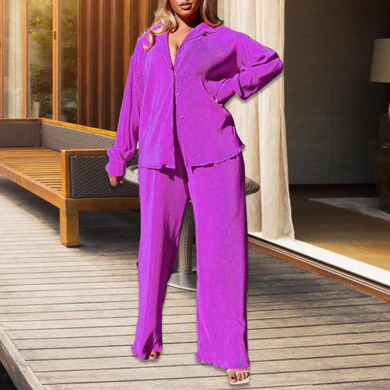 2023. aasta moodne naistekomplekt, pikkade varrukatega särgi topid ja laia säärega püksid Elegantne dressiülikond, kaheosaline dressipluus vabaaja varustus