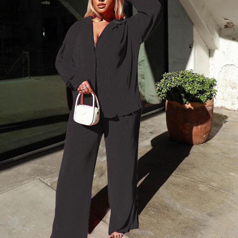 2023. aasta moodne naistekomplekt, pikkade varrukatega särgi topid ja laia säärega püksid Elegantne dressiülikond, kaheosaline dressipluus vabaaja varustus