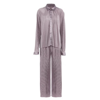 Suured naiste kodurõivad Elegantne plisseeritud kaheosaline komplekt avarate pikkade varrukatega pluusid ja kõrge vöökohaga laia säärega püksid naiste rõivad