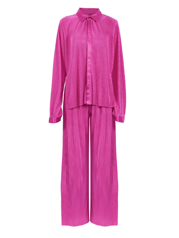 Suured naiste kodurõivad Elegantne plisseeritud kaheosaline komplekt avarate pikkade varrukatega pluusid ja kõrge vöökohaga laia säärega püksid naiste rõivad