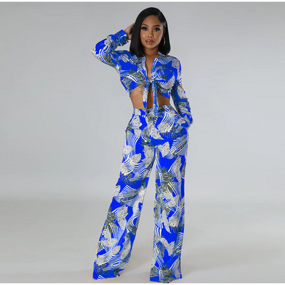 2023. aasta sügise trükitud püksid, kaheosaline komplekt naistele, moodne rev, pikkade varrukatega nöörsärk, vaba pükskostüüm, vabaaja daamiriietus