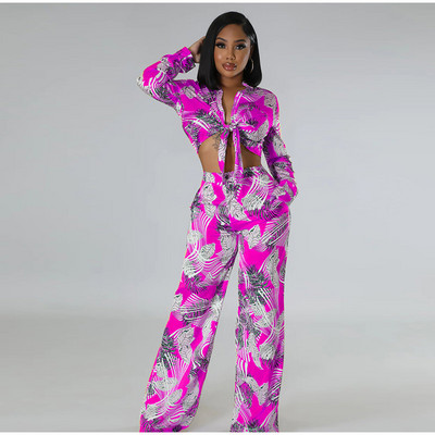 2023. aasta sügise trükitud püksid, kaheosaline komplekt naistele, moodne rev, pikkade varrukatega nöörsärk, vaba pükskostüüm, vabaaja daamiriietus