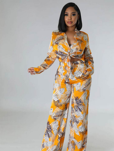 2023. aasta sügise trükitud püksid, kaheosaline komplekt naistele, moodne rev, pikkade varrukatega nöörsärk, vaba pükskostüüm, vabaaja daamiriietus