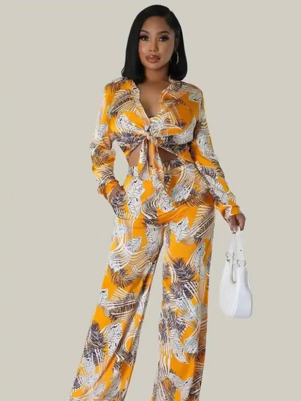 2023. aasta sügise trükitud püksid, kaheosaline komplekt naistele, moodne rev, pikkade varrukatega nöörsärk, vaba pükskostüüm, vabaaja daamiriietus